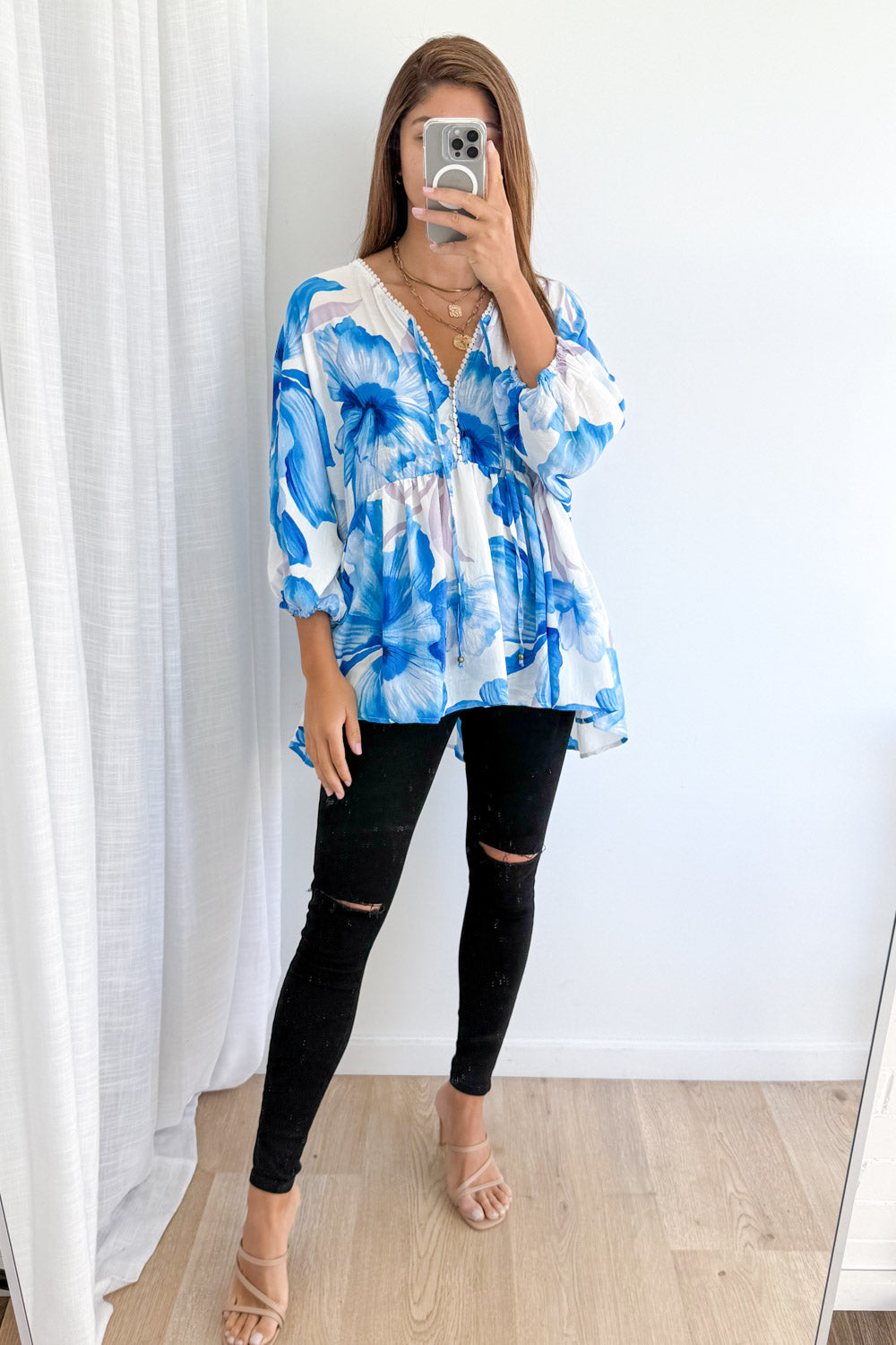 Amelia Blouse - Blue White Floral