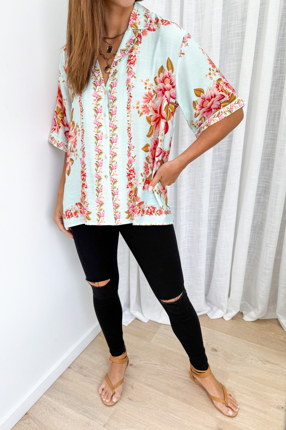 Marbella Tile Shirt - Blue Blush Floral