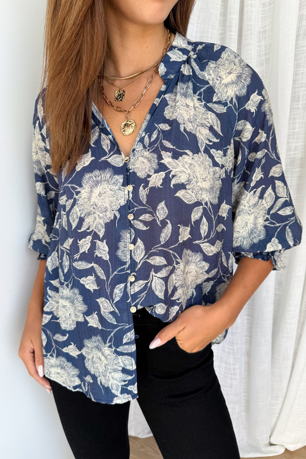 Marnie Blouse - Navy Cream Floral