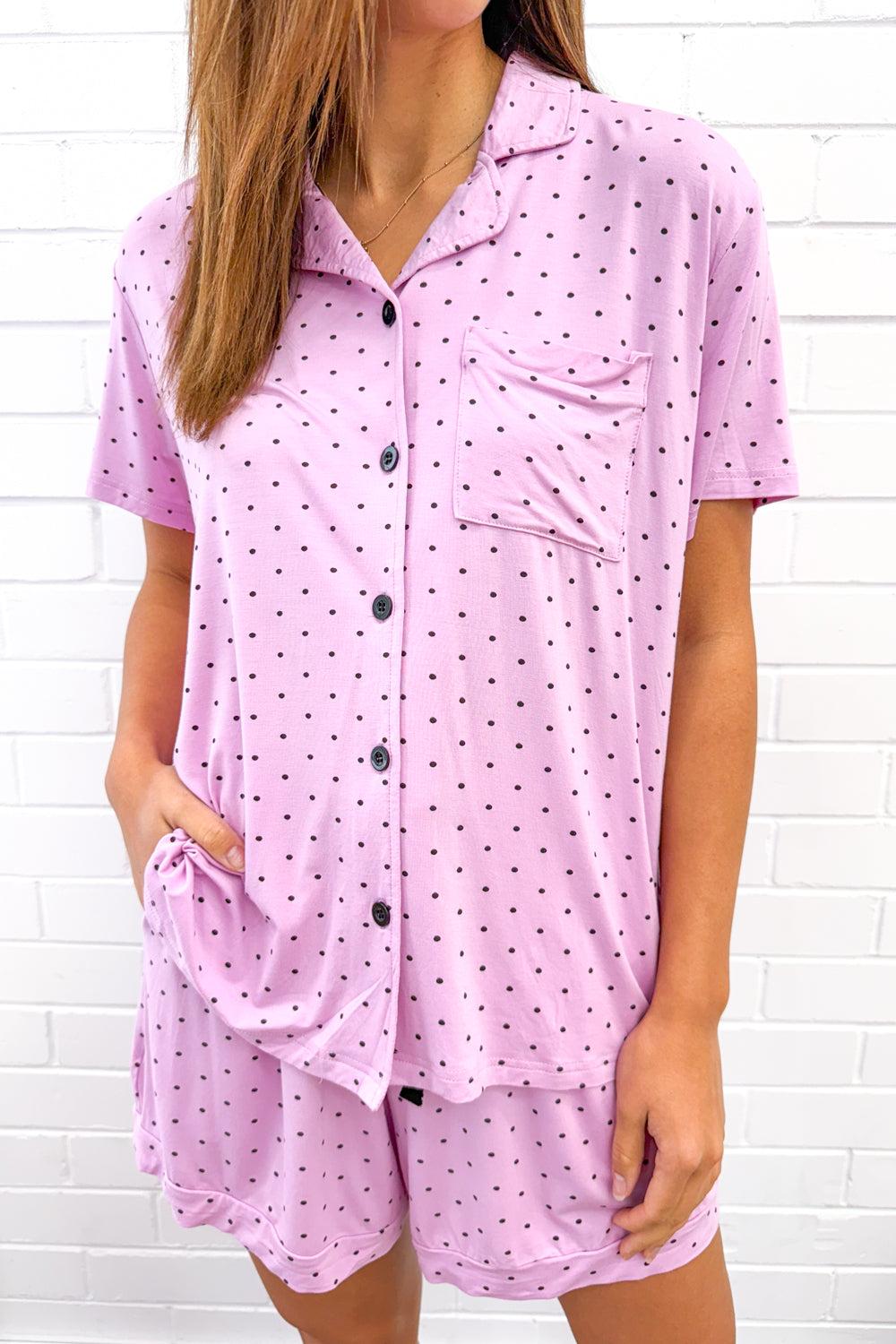 The Comfiest PJs Shirt & Short Set - Purple Polka Dot