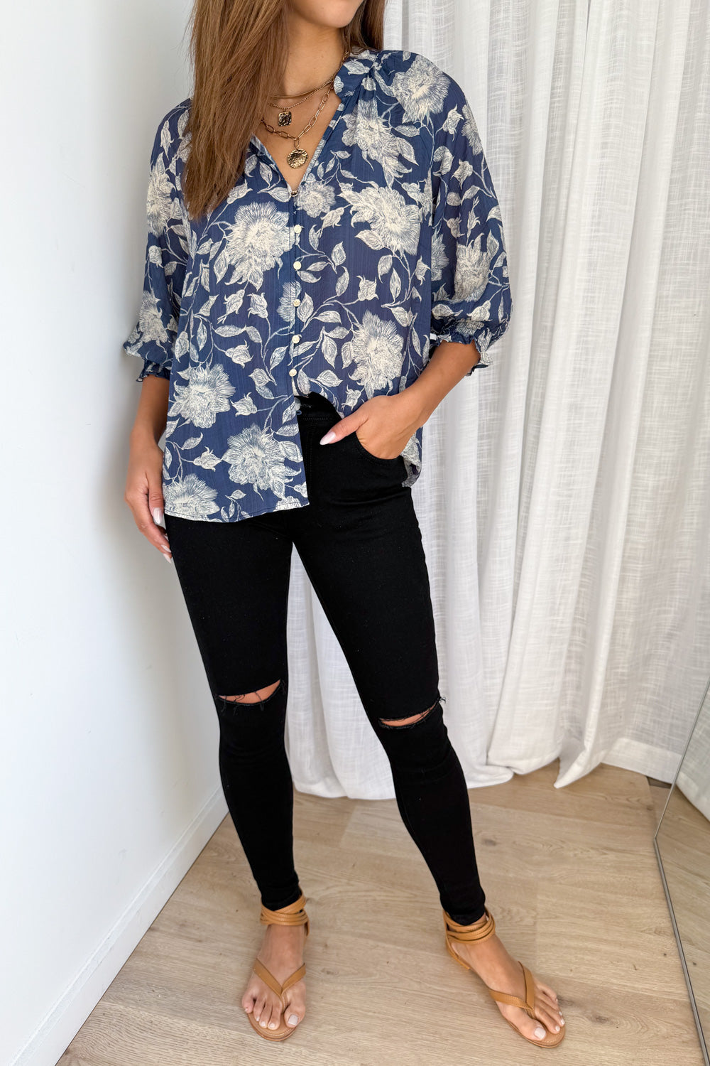 Marnie Blouse - Navy Cream Floral