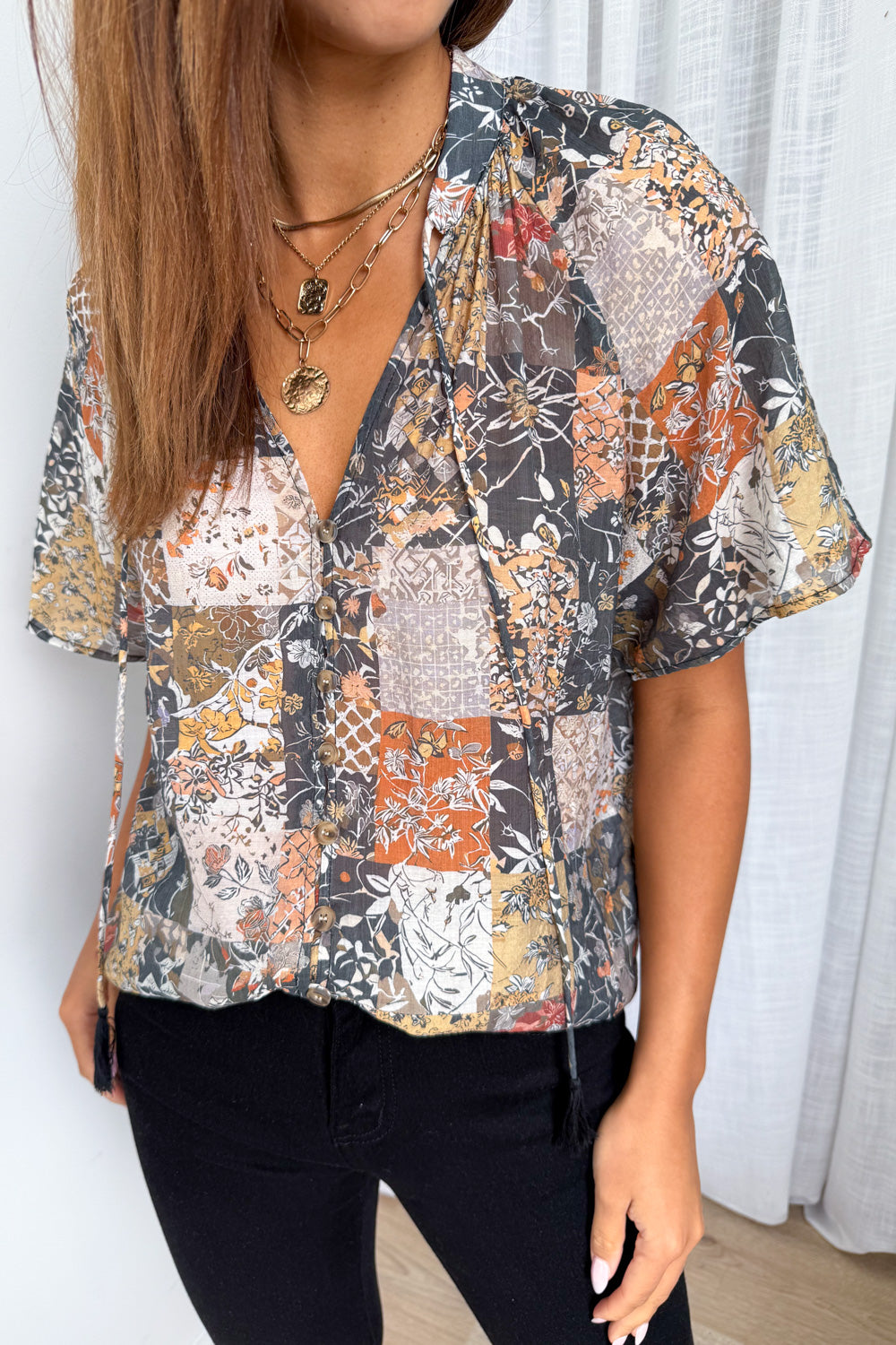 Angela Blouse- Black Multi Patchwork