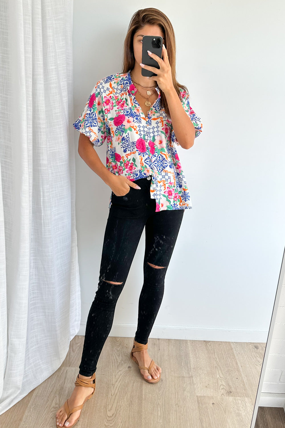 Cali Tile Blouse - Cobalt Fuchsia Tile