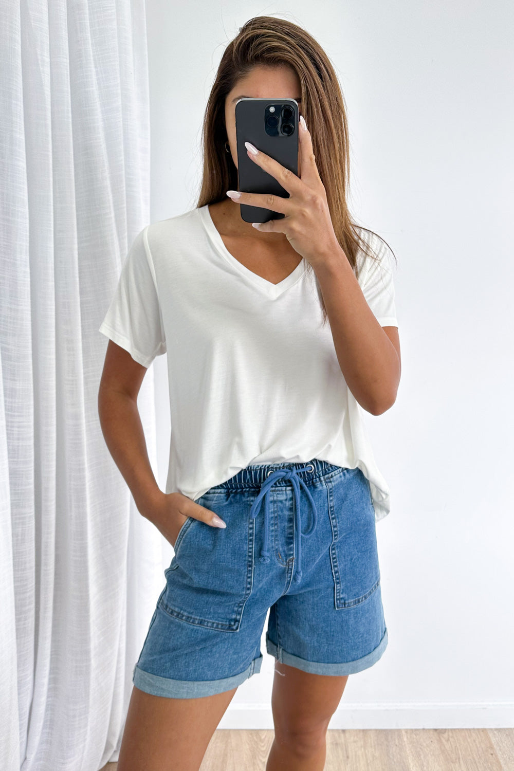 Roll Up Denim Shorts - Mid Denim