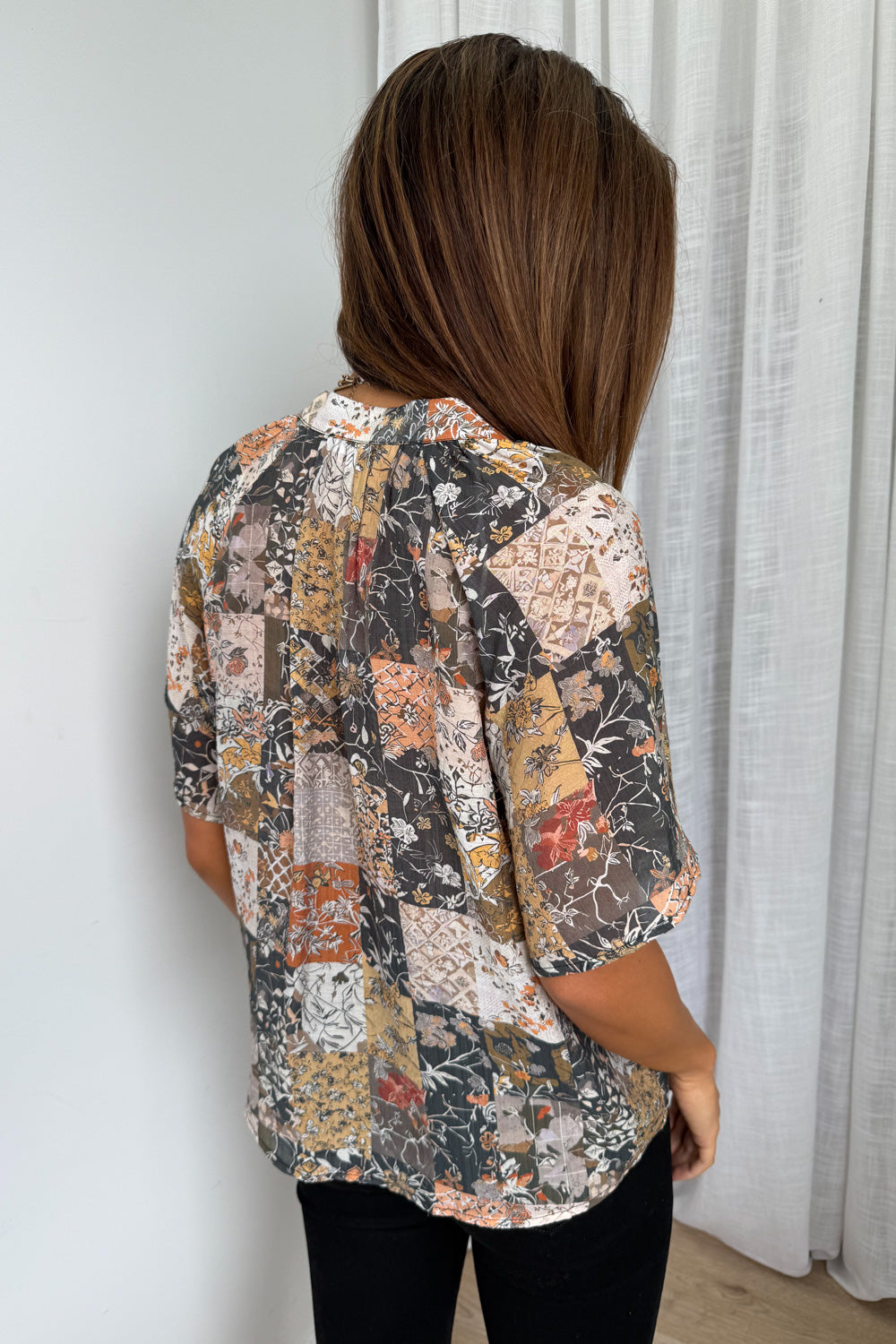 Angela Blouse- Black Multi Patchwork